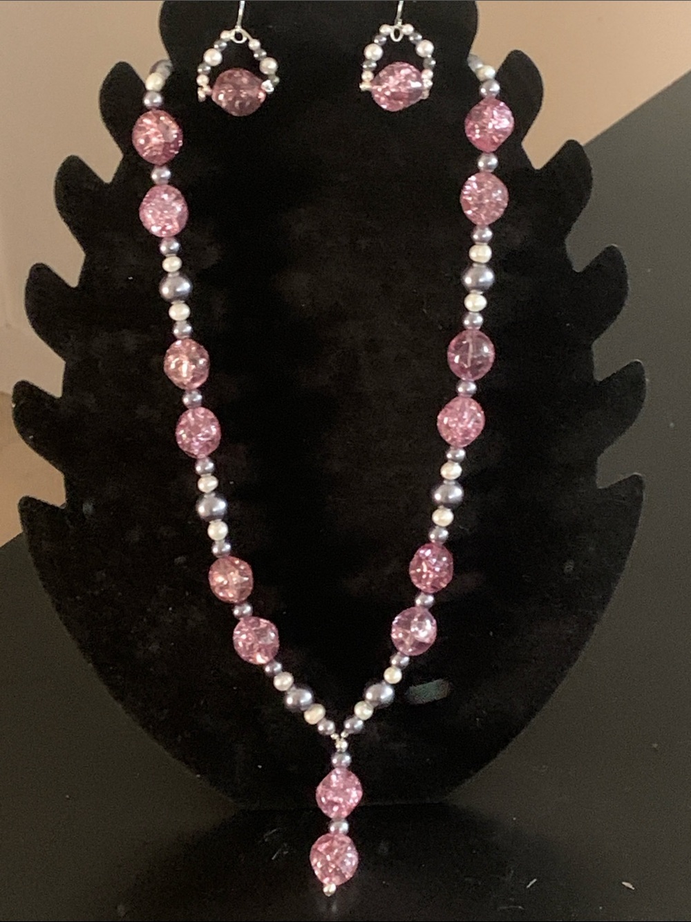 Pink Crystal and Pearl Drop Necklace & Earrings Set